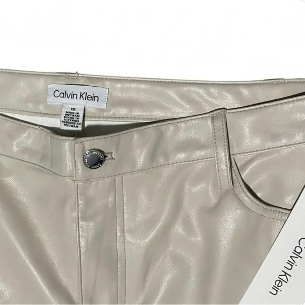 Calvin Klein Pant Women’s 10 Beige Faux Leather Straight Leg New - Picture 5 of 7